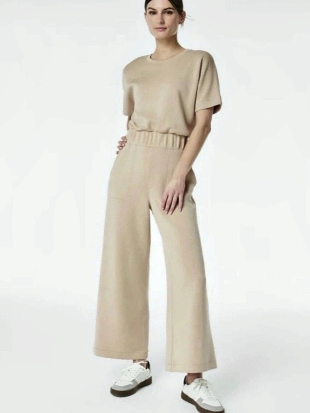 SPANX Air Essentials Beige Wide Leg Crop Short Sleeve Jumpsuit size Small